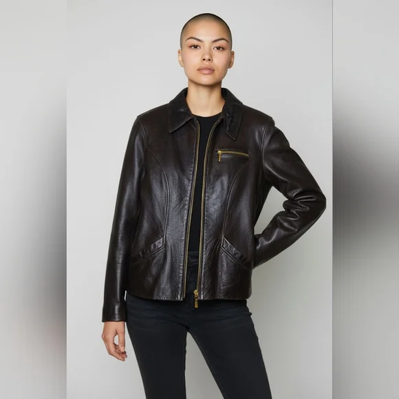 Winlit Dark Brown Women's Leather Jacket Size Medium With Gold Accents - Picture 14 of 14